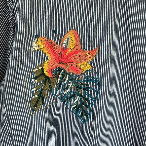 Zara Floral Embroidered Denim Striped Balloon Puff Sleeve Top SMALL - Picture 2 of 12